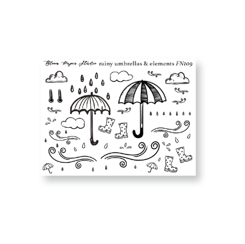 FN109 Foiled Rainy Umbrellas & Elements Planner Stickers
