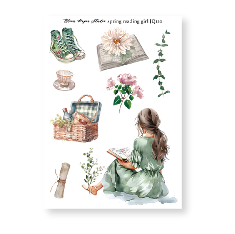 JQ120 Watercolor Spring Reading Girl Journaling Planner Stickers