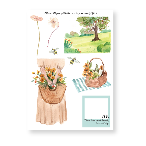 JQ122 Watercolor Spring Scene Girl with Flowers Journaling Planner Stickers