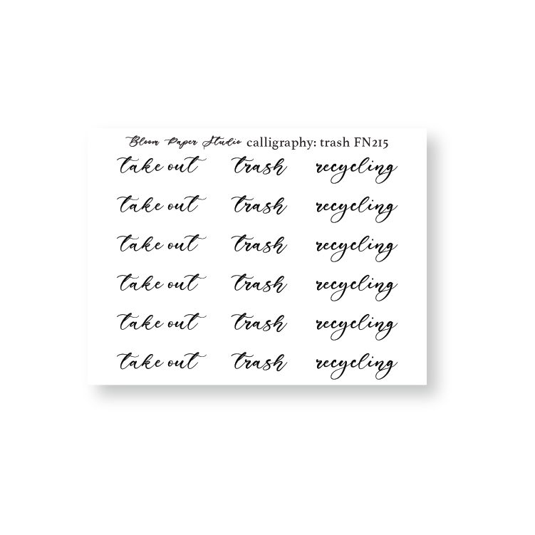 FN215 Foiled Script Calligrahpy: Trash Planner Stickers