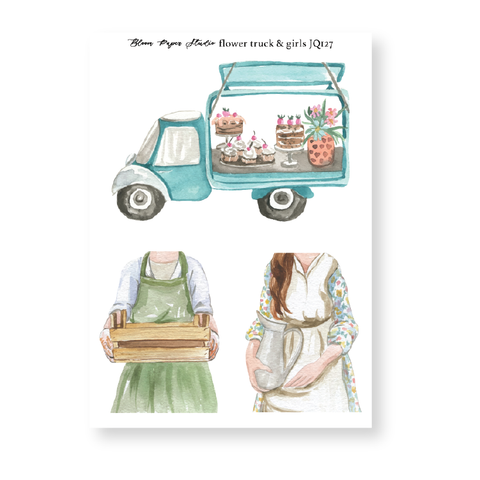 JQ127 Watercolor Spring Flower Truck & Girls Journaling Planner Stickers