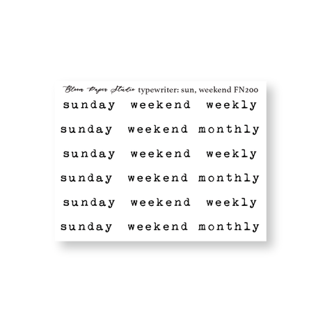 FN200 Foiled Script Typewriter: Sun, Weekend, Weekly, Monthly Planner Stickers