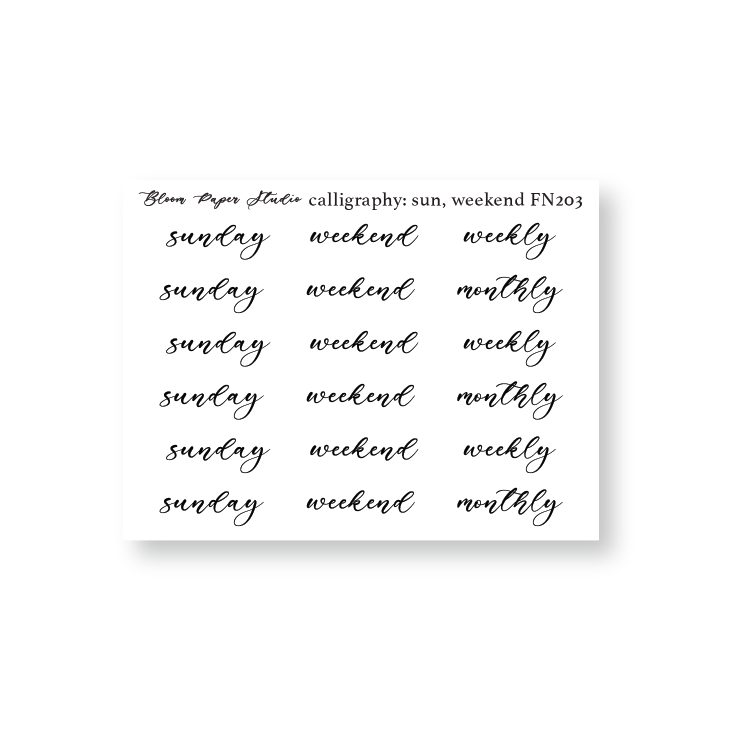 FN203 Foiled Script Calligraphy: Sun, Weekend, Weekly, Monthly Planner Stickers