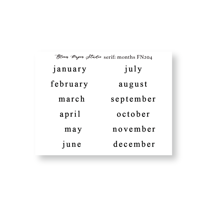 FN204 Foiled Script Serif: Months Planner Stickers