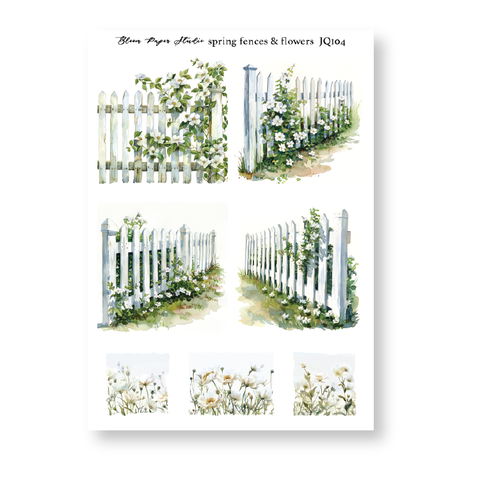 JQ104 Watercolor Spring Fences & Flowers Journaling Planner Stickers