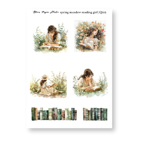 JQ105 Watercolor Spring Meadow Reading Girl Journaling Planner Stickers